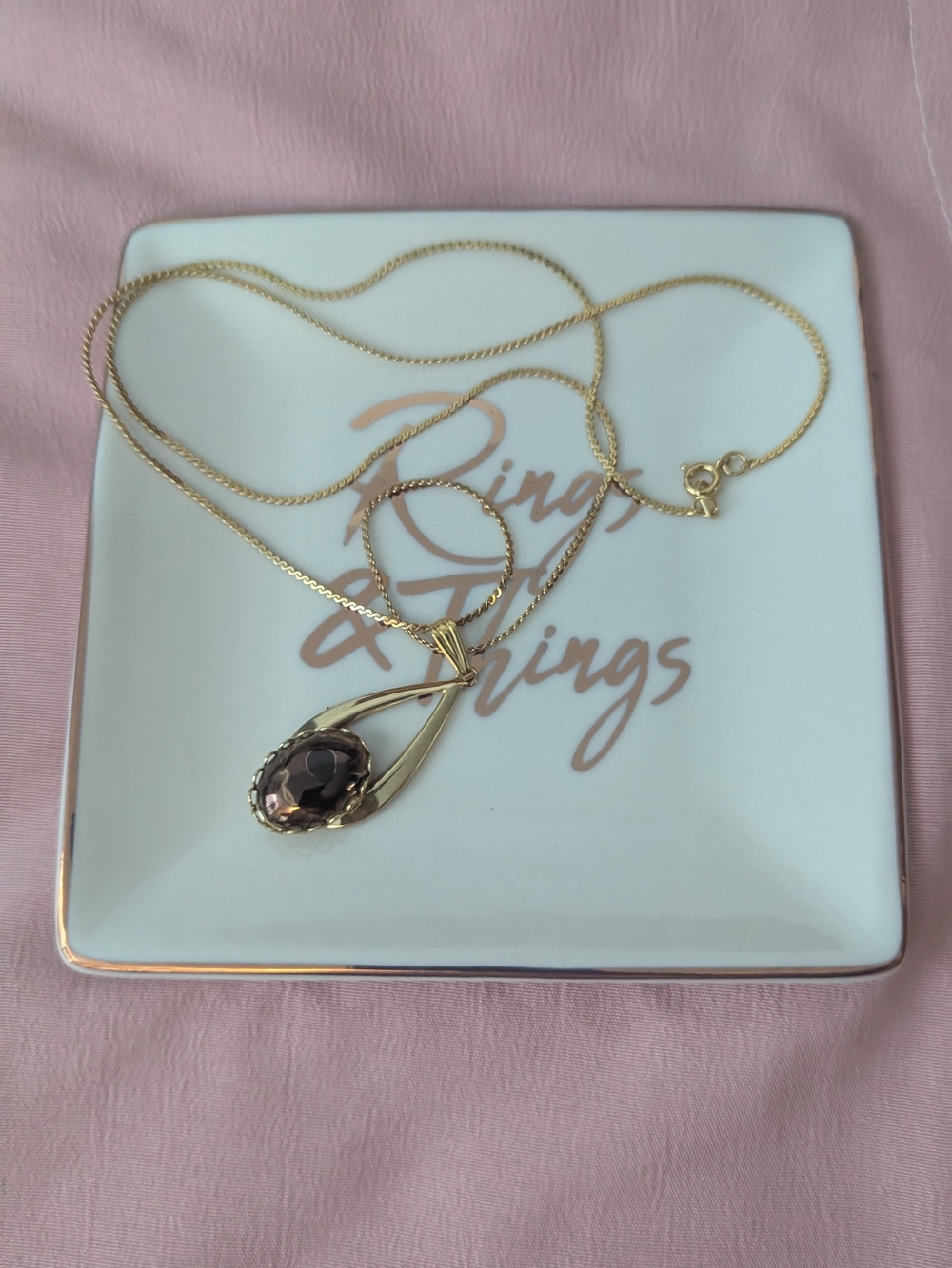 Gold Teardrop Pendant Necklace with Smoky Gem - Women Jewelry